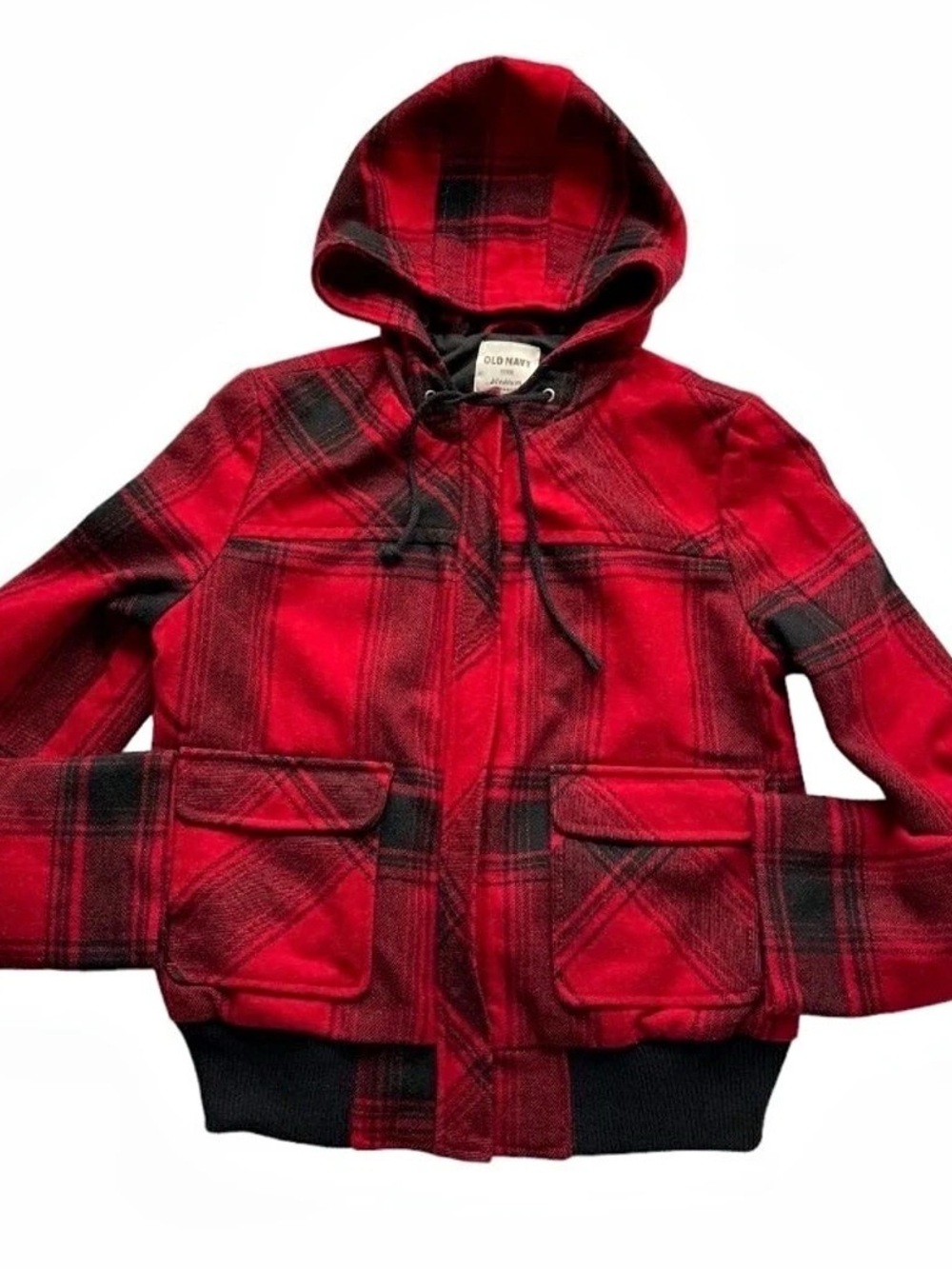 Old Navy Jacket Womens Red Buffalo Plaid Wool Blend Hooded Casual Coat Small